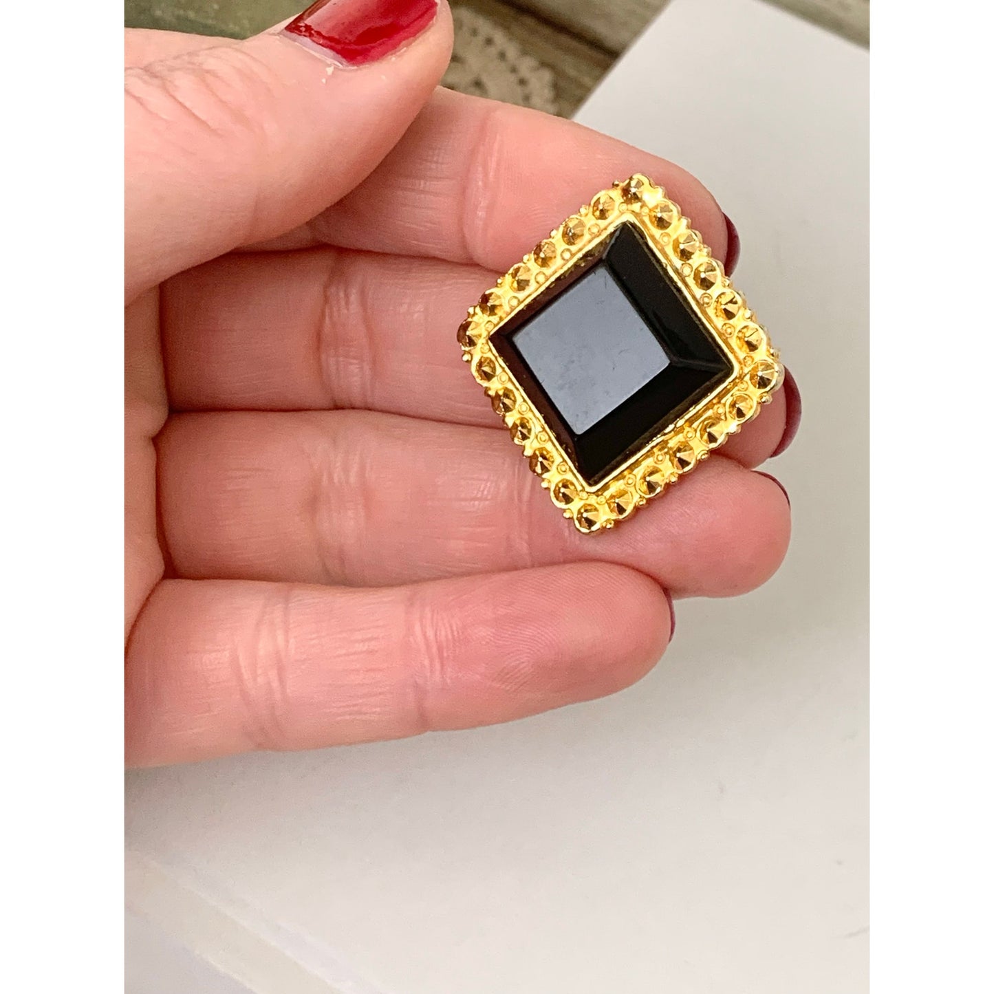 Bold Faceted Black Glass Brooch in Textured Gold Tone Frame Square Statement Pin Elegant