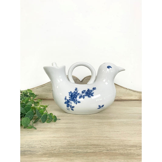 Vintage Teapot Blue White Porcelain Bird Japan Chinoiserie Kitchen Serving Decor