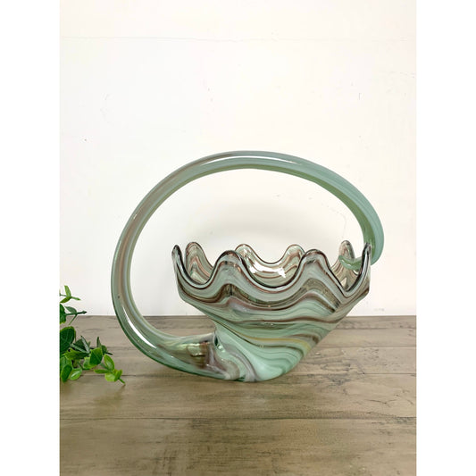 Vintage Hand-Blown Art Glass Cornucopia Basket, Candy Dish, Vase