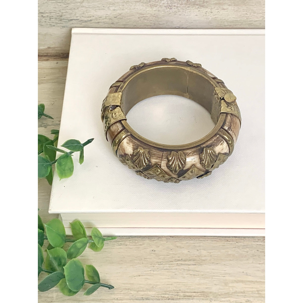 Vintage Camel Bone Bangle Bracelet Brass Overlay Hinged Statement Jewelry