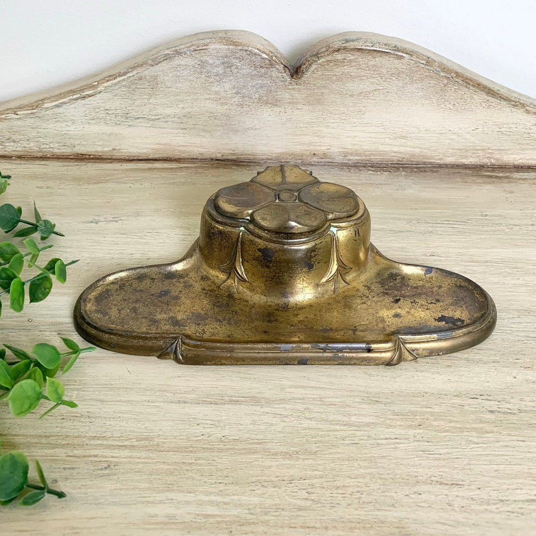 Antique Bradley & Hubbard Brass Inkwell Gold Ornate Old Money Office Decor