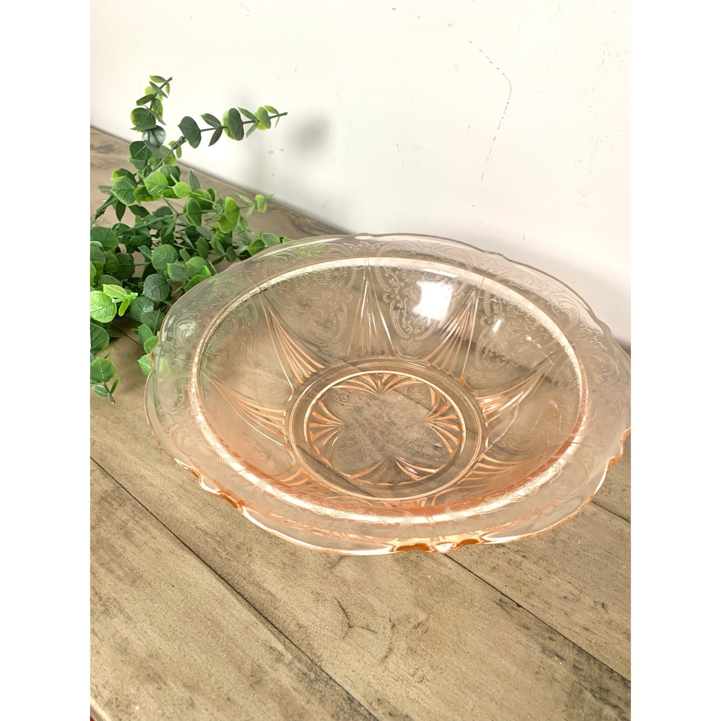 Depression Glass Vintage Pink Serving Bowl Floral Pressed Pattern Scalloped Rim