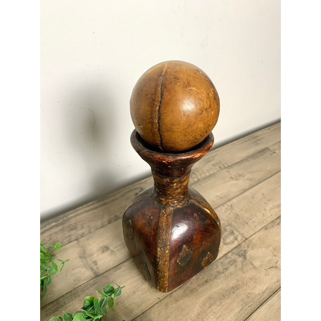 Vintage Italian Leather Wrapped Square Decanter with Ball Stopper Old Money MCM