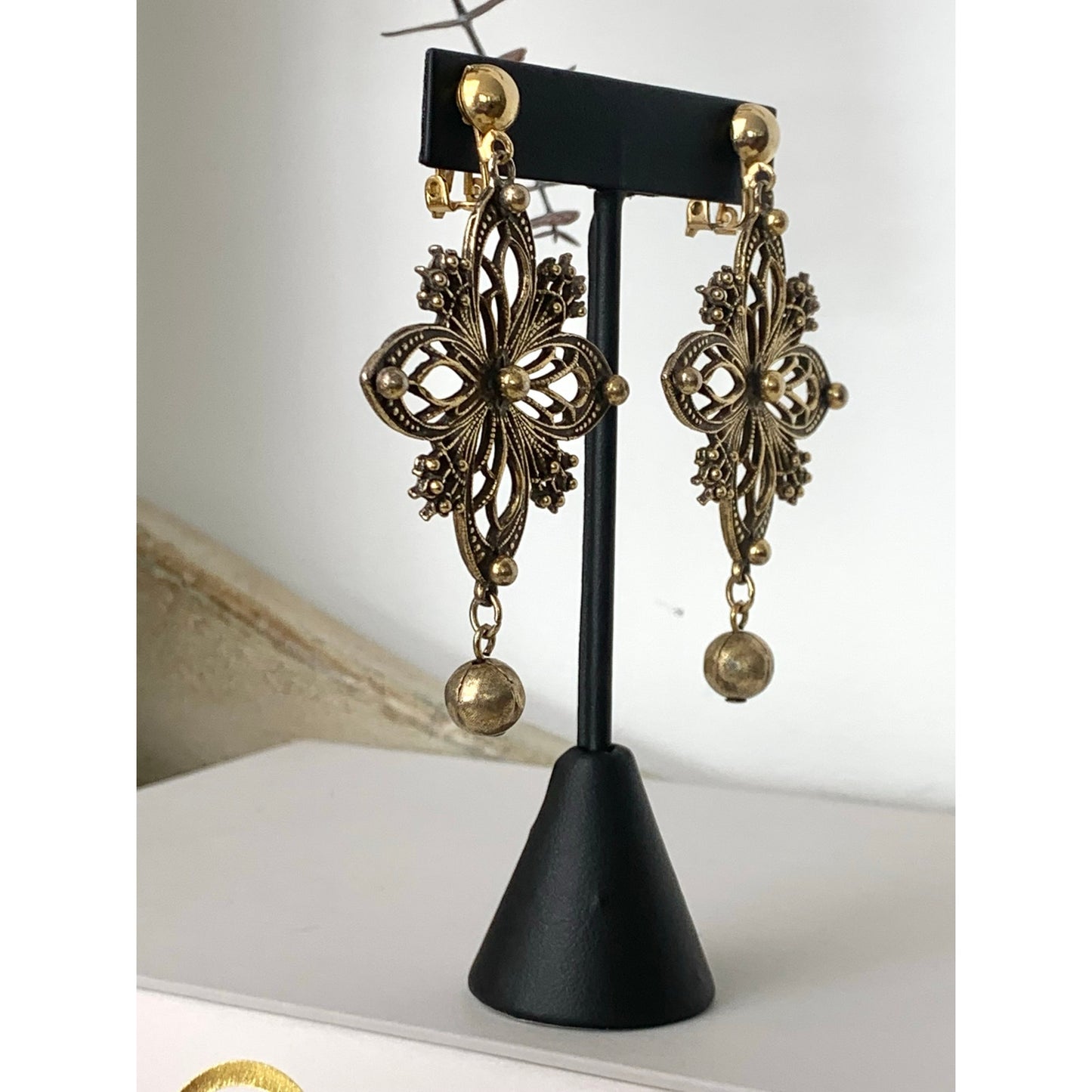 Vintage Gold Tone Clip On Earrings Ornate Filigree Floral Dangle Earrings Statement Jewelry