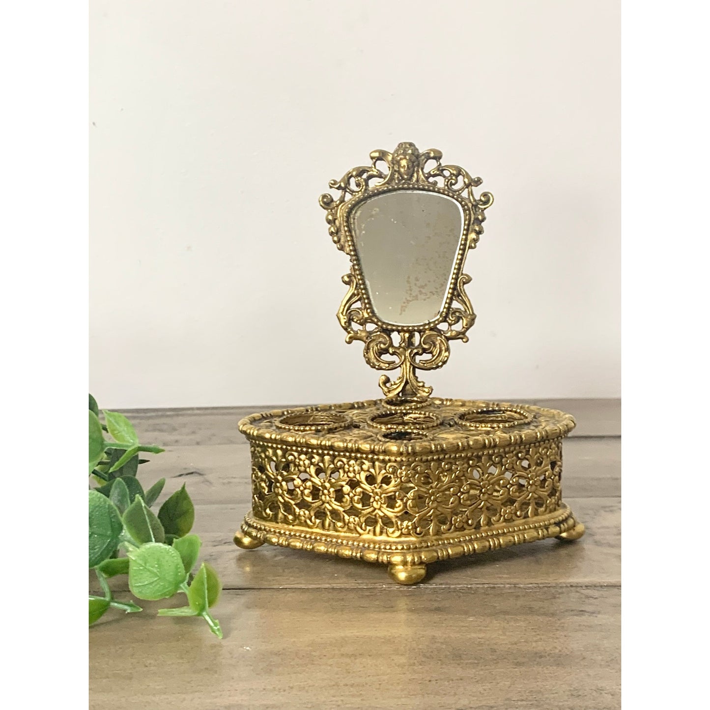 Vintage Ornate Gold Filigree Lipstick Holder Vanity Mirror Footed Hollywood Regency