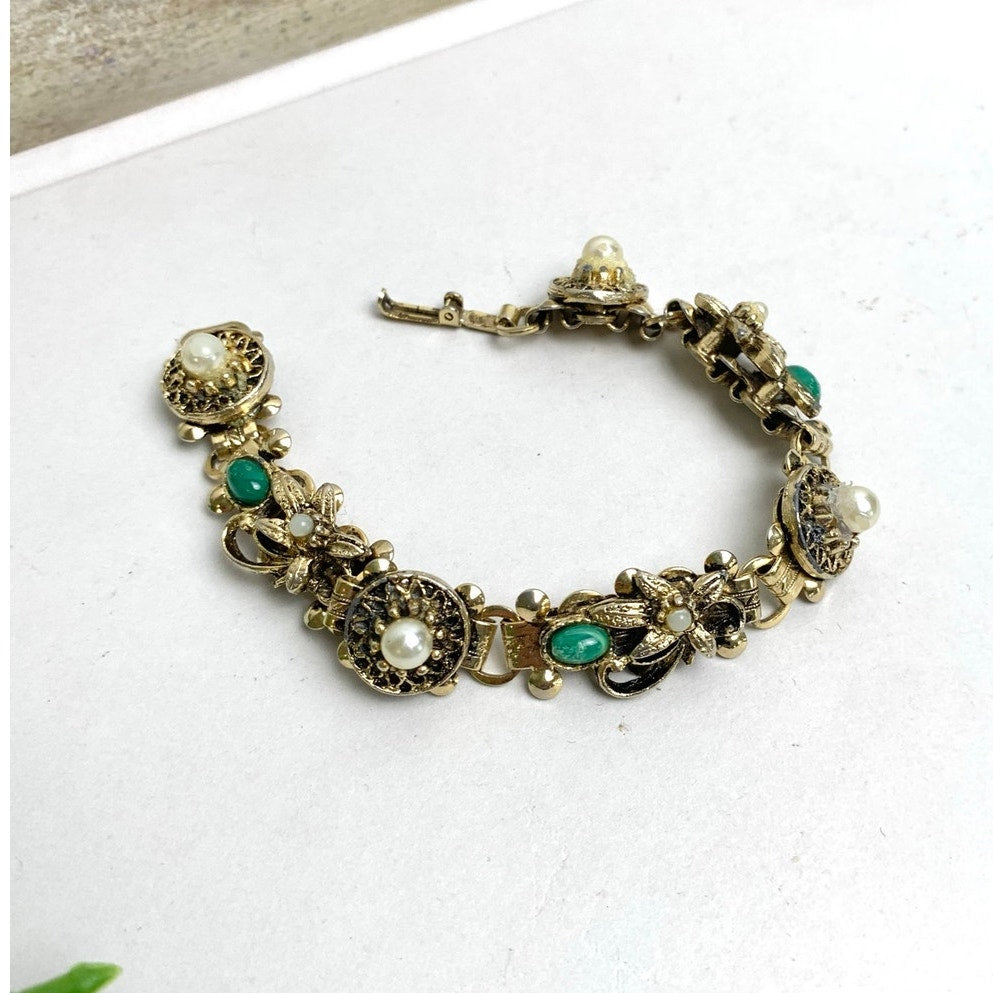 Vintage Victorian Revival Bracelet Goldtone Floral Link Faux Pearl Green Cabochon