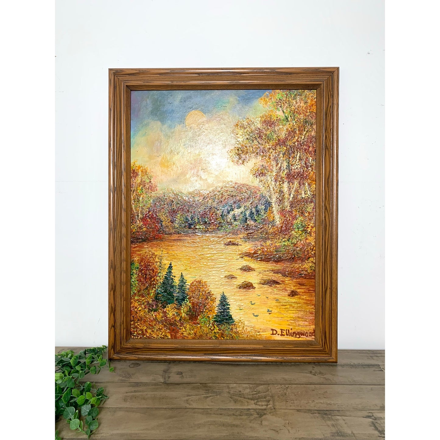 Vintage Oil Painting on Canvas by D. Ellingwood, Framed Autumn Landscape, 28x22