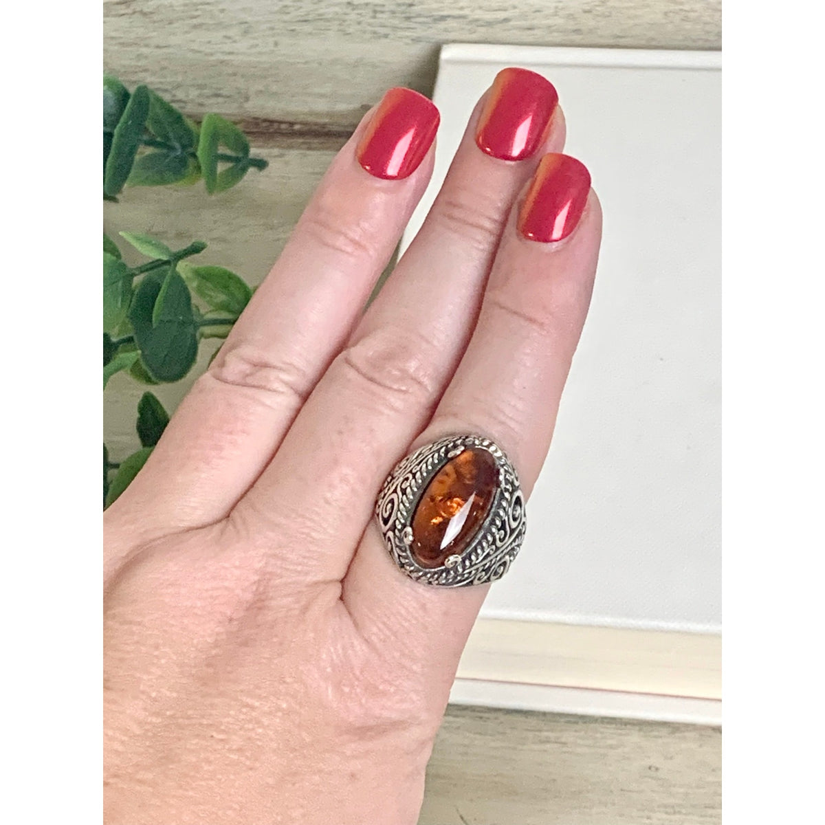 Vintage Sterling Silver Amber Ring Ornate Filigree Statement Jewelry 925 Boho Southwestern