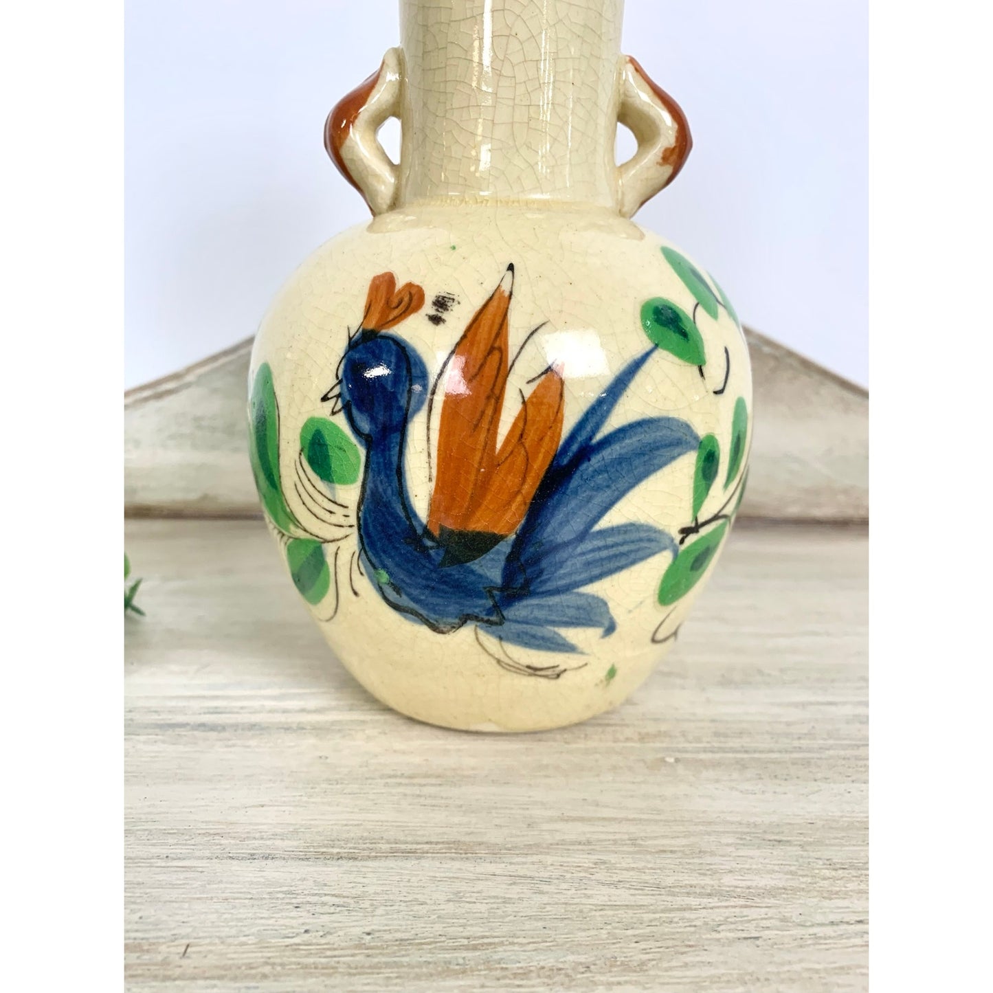 Vintage Thura Satsuma Vase Japan Ho Ho Bird Hand Painted Phoenix Mid Century