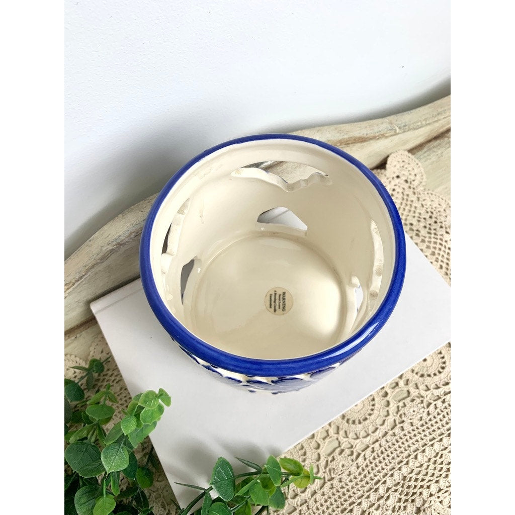 Vintage Blue and White Coastal Shell Candle Holder Ceramic Cutout Beach Votive