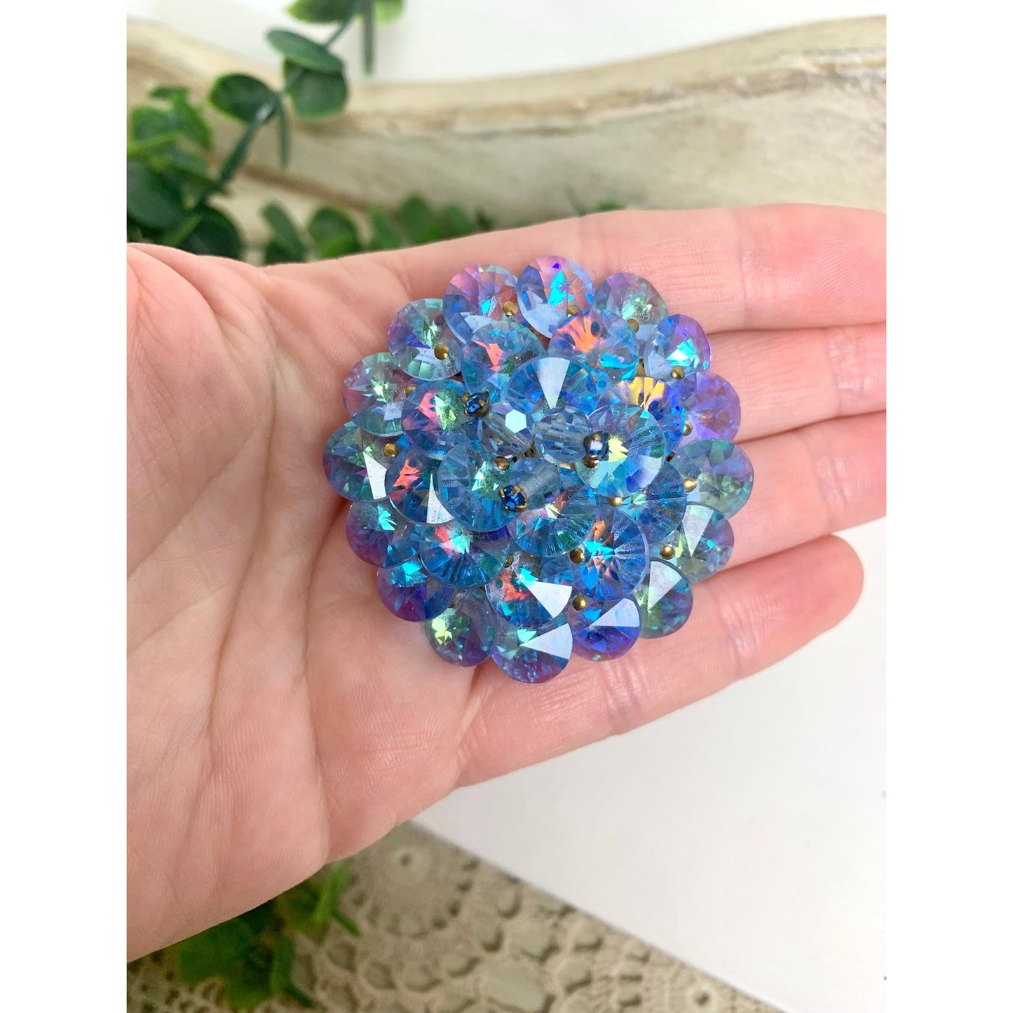Vintage Aurora Borealis Rhinestone Brooch Blue AB Crystal Statement Pin