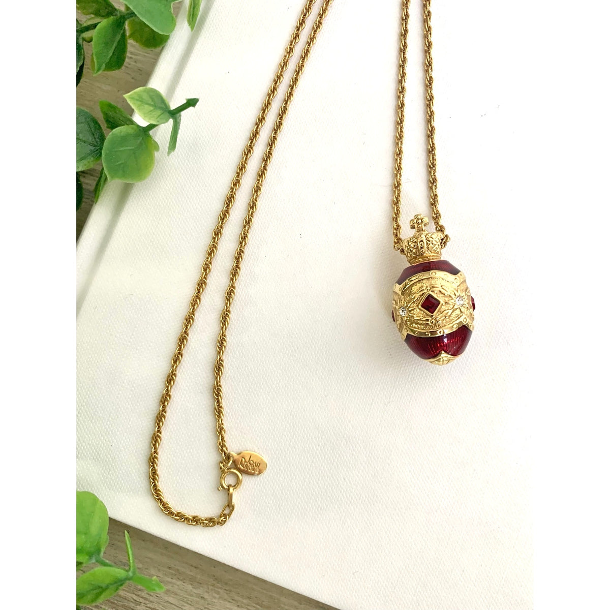 Vintage Joan Rivers Red Enamel Egg Pendant Necklace Crown Rhinestone Gold Tone