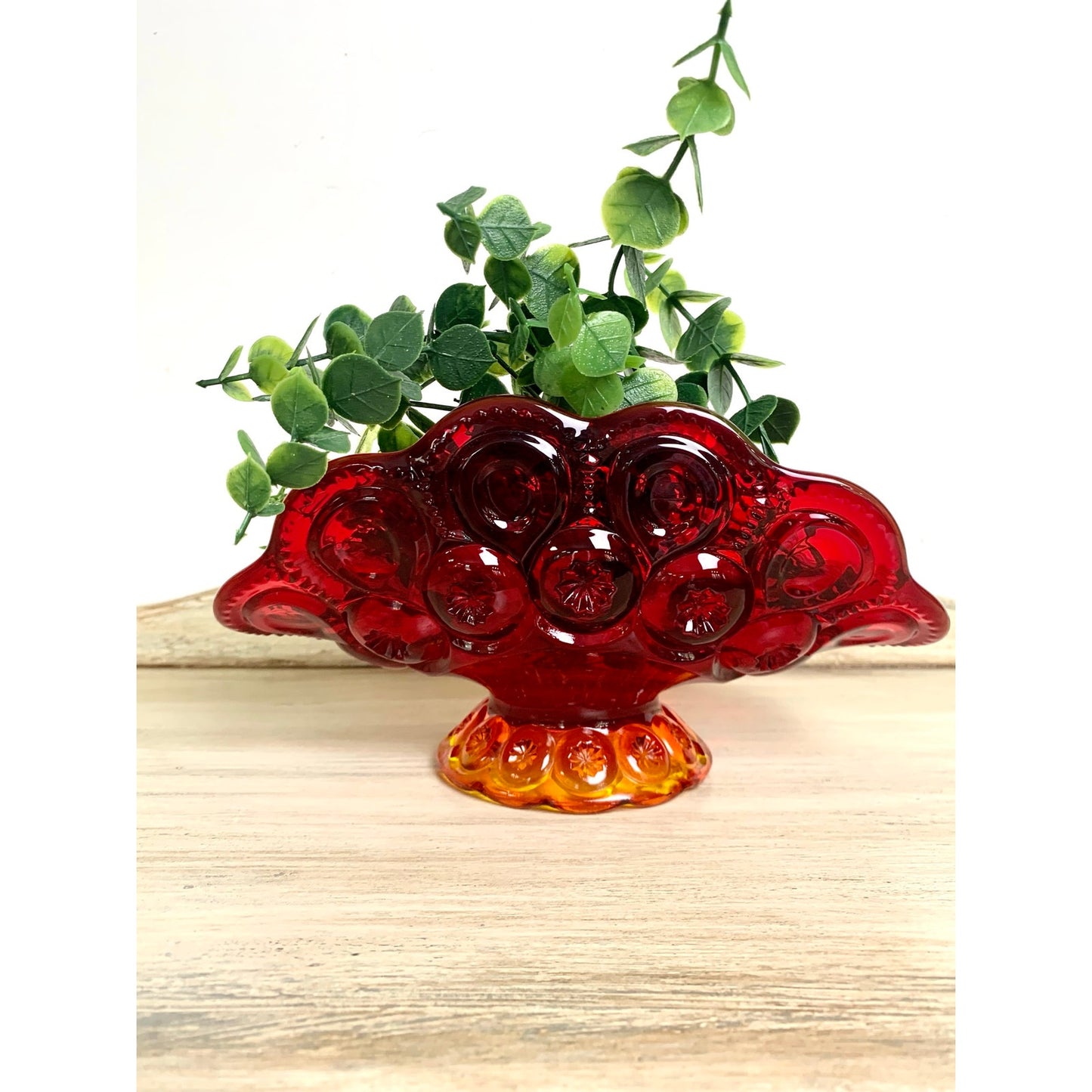 Vintage L.E. Smith Amberina Moon and Stars Banana Boat Glass Pedestal Vase Mid Century