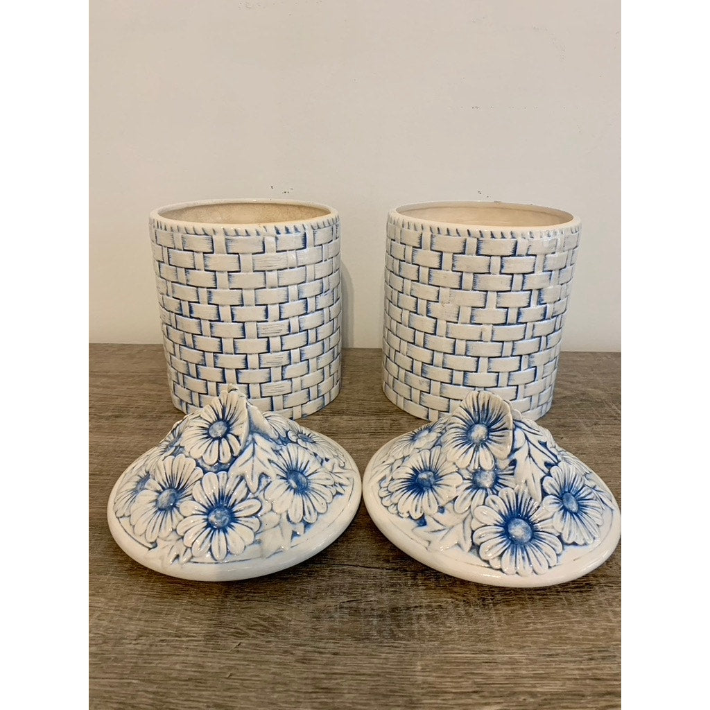 Vintage Lefton Blue & White Daisy Canisters - Set of Two Vintage Kitchen