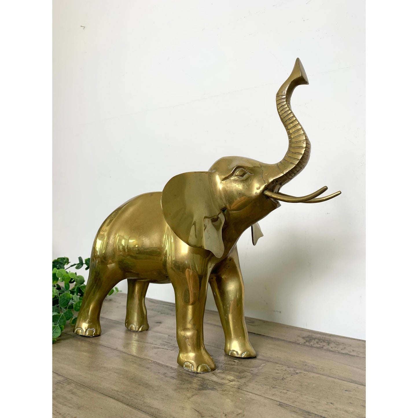 Vintage Solid Brass Elephant Statue with Raised Trunk Mid Century Animal Figure