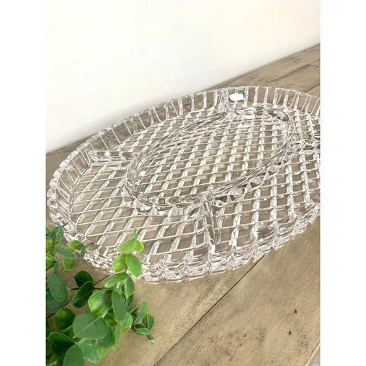 Vintage Clear Glass Divided Serving Platter Large 16.25” Oval Sectional Tray Thick Appetizers Relishes Charcuterie