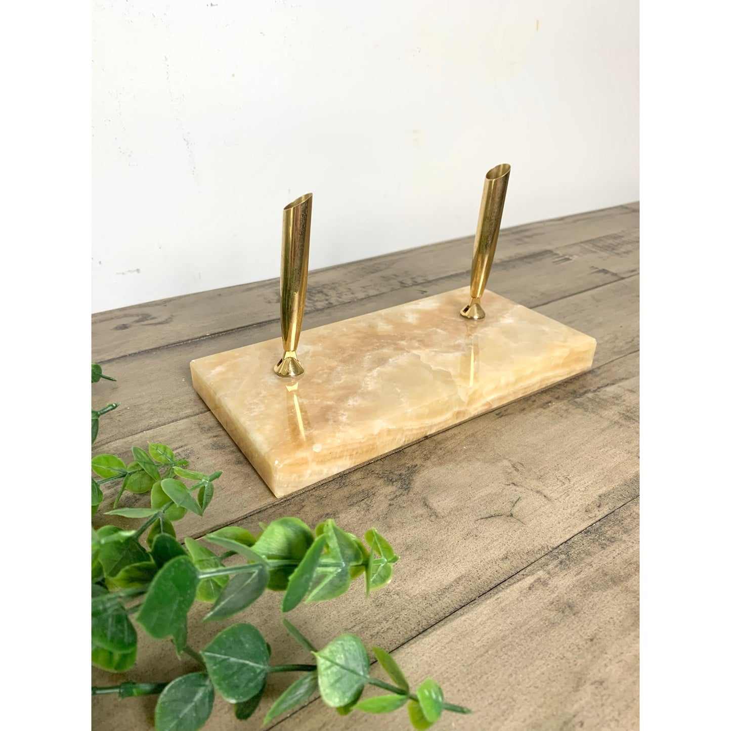 Vintage Onyx Stone Double Brass Pen Holder Desk Stand Office Old Money Academia