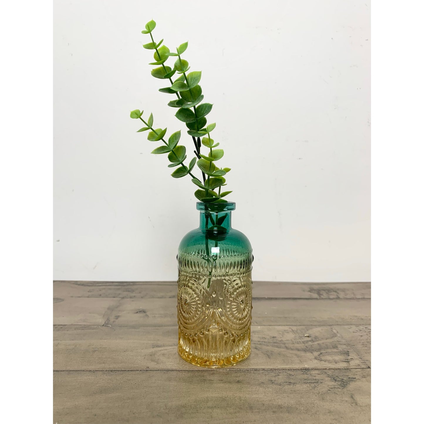 Vintage Style Ombre Green Amber Glass Bud Vase Set Pair Textured Boho Coastal