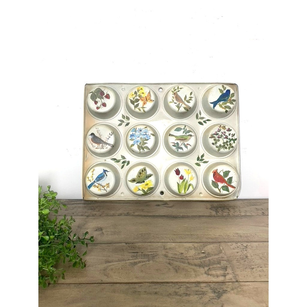 Vintage Hand Painted Cupcake Tin Wall Art, Signed 1977, Botanical and Bird Scenes