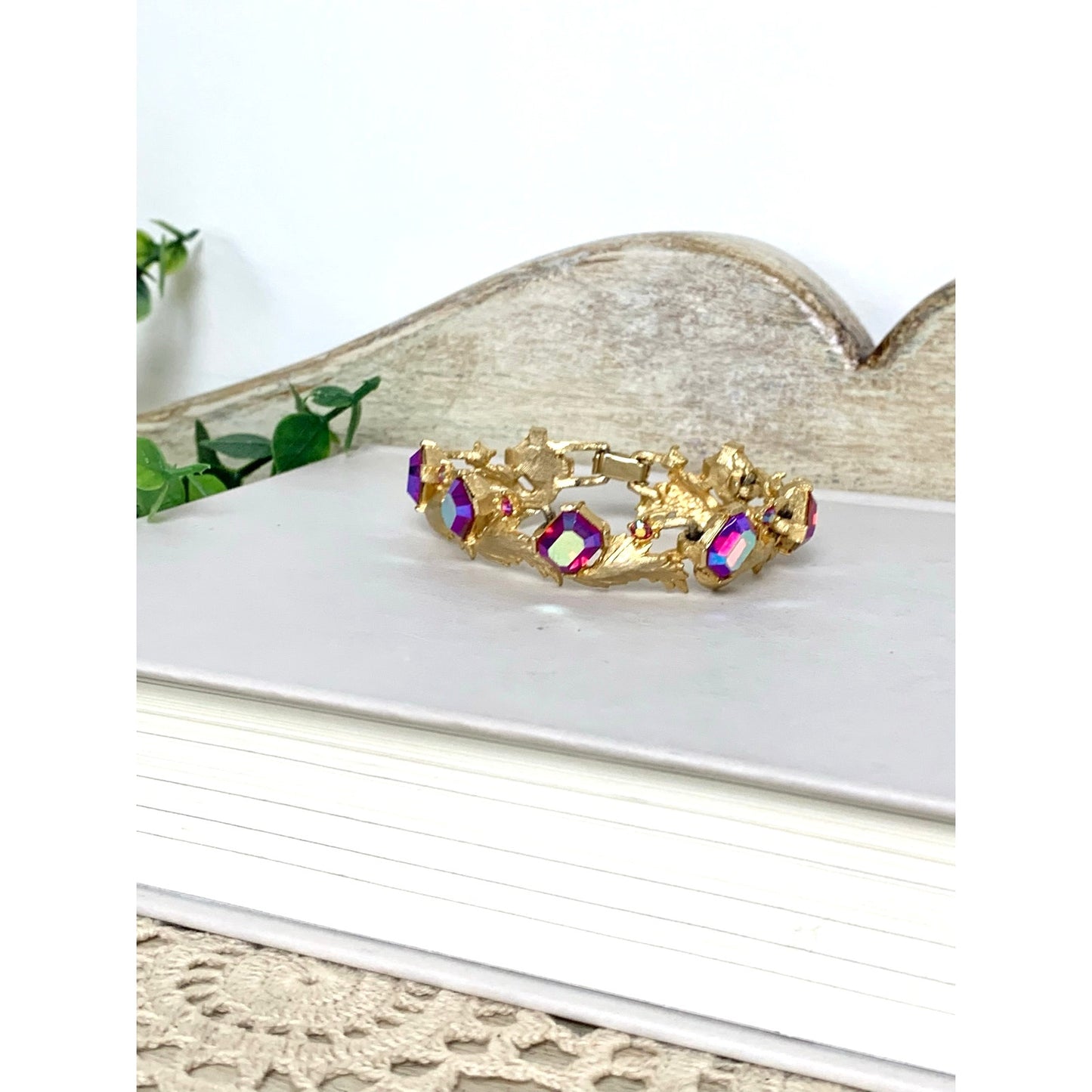 Vintage Pink Aurora Borealis Rhinestone Bracelet Gold Leaf Statement Jewelry Glam