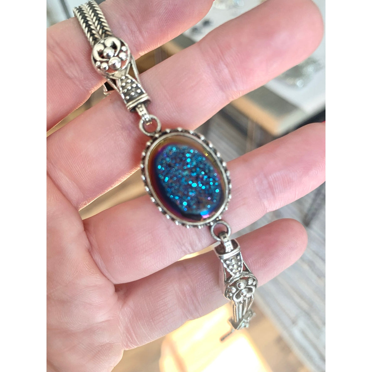 Vintage Sterling Silver Druzy Quartz Bracelet Blue Iridescent 925 Jewelry
