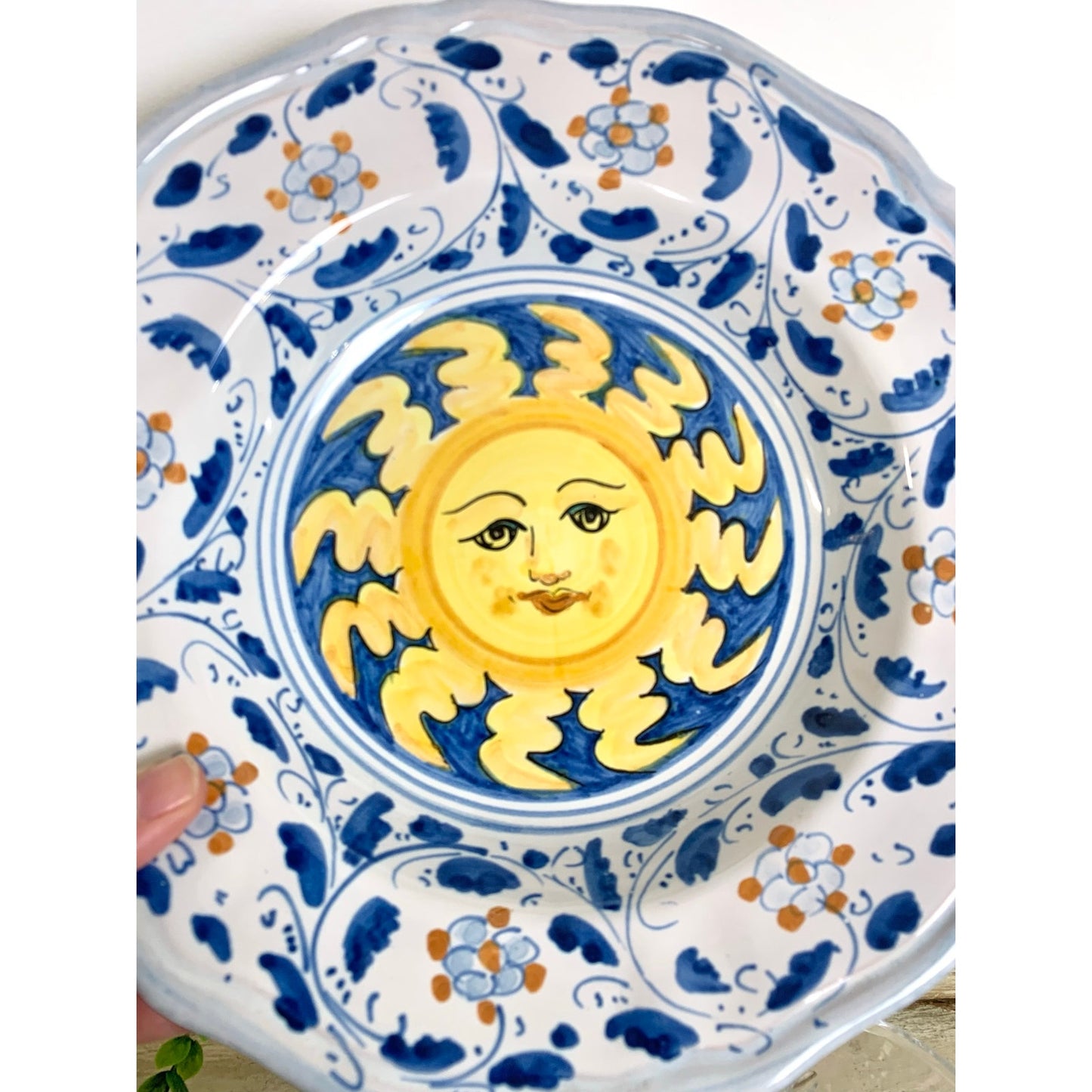 Vintage Italian Pottery Bowl Caltagirone Hand Painted Sun Sicilian Art Dish