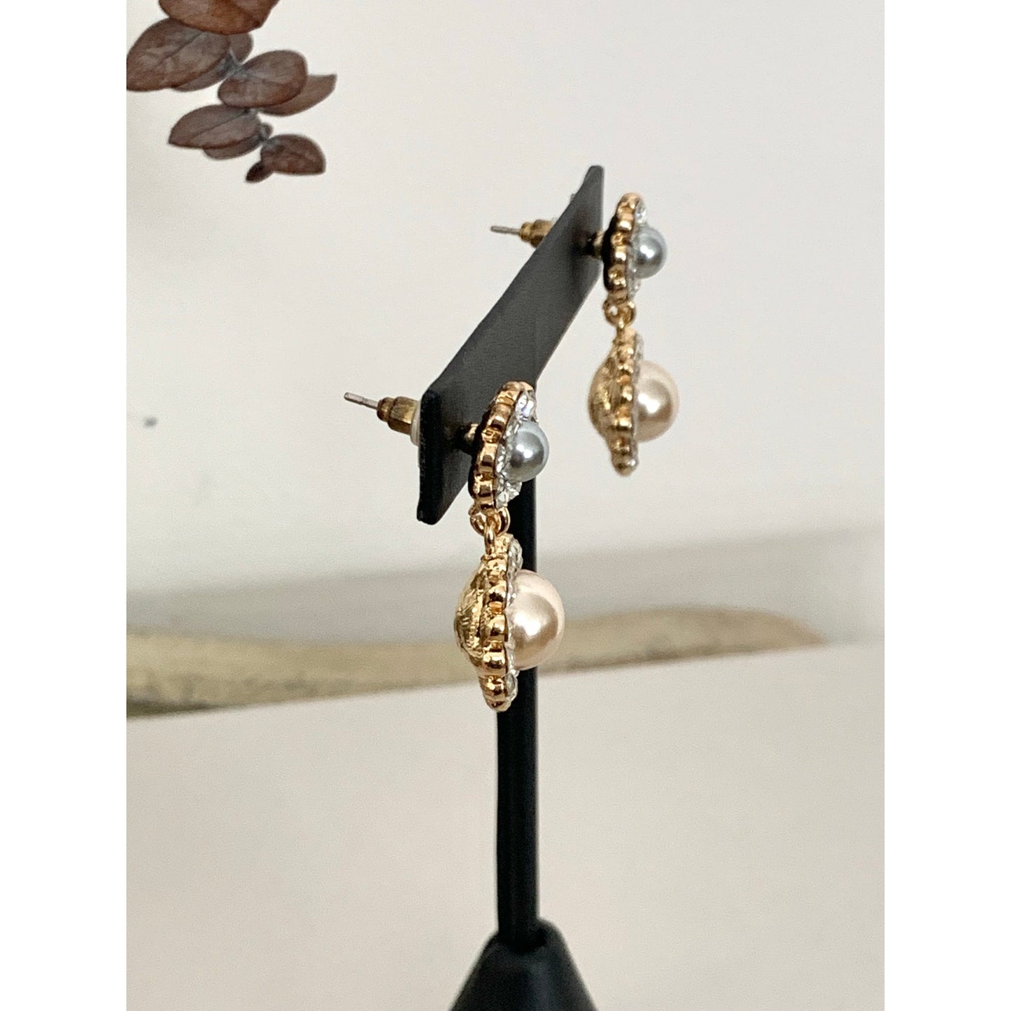 Statement Faux Pearl & Rhinestone Halo Post Back Drop Earrings Romantic Feminine