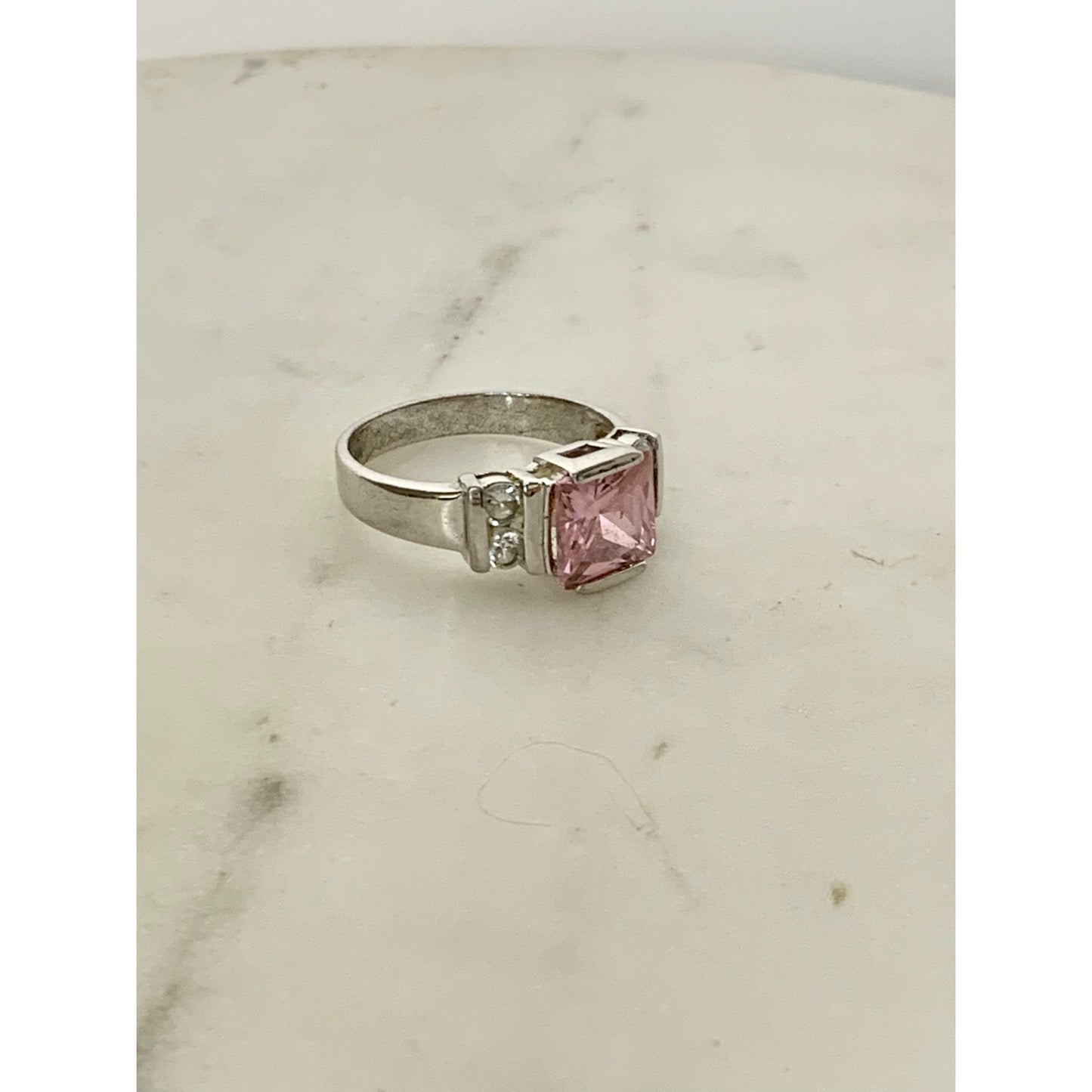 Vintage Sterling Silver Pink Princess Cut CZ Ring Size 8.25 Cocktail Art Deco