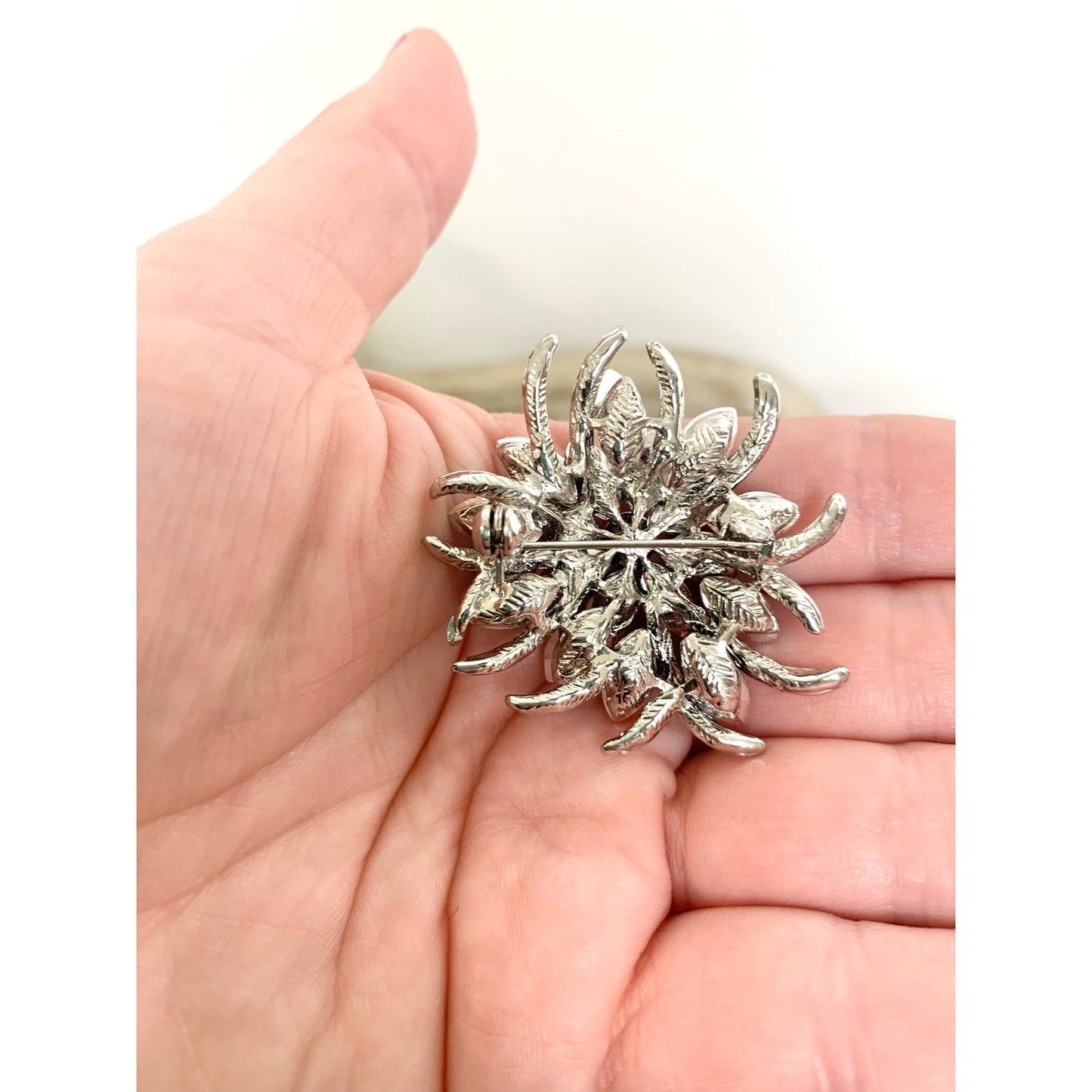 Vintage Blue Violet Rhinestone Flower Brooch Silvertone Statement Pin Mid Century Glam