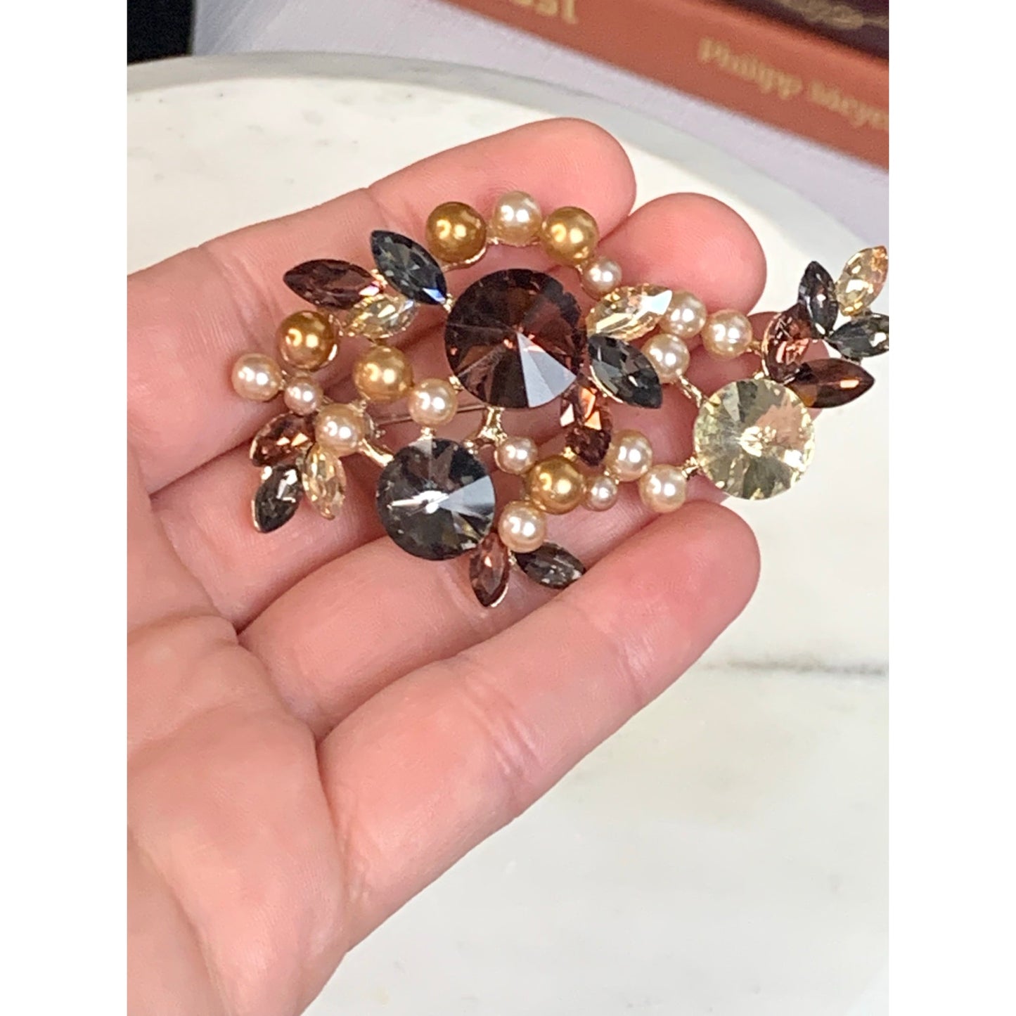 Romantic Rhinestone and Faux Pearl Brooch Multicolor Glass Statement Pin