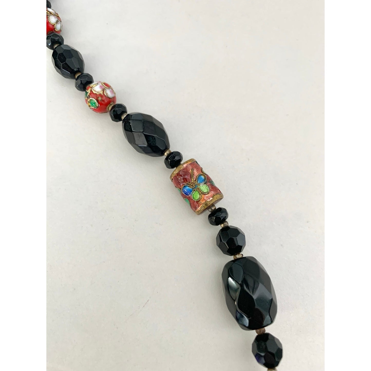 Vintage Cloisonne Beaded Necklace Black Faceted Glass Floral Red Enamel Statement
