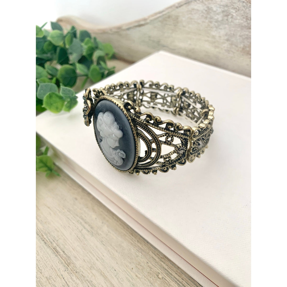 Cameo Stretch Bracelet Rhinestone Floral Victorian Revival Style Statement Jewelry