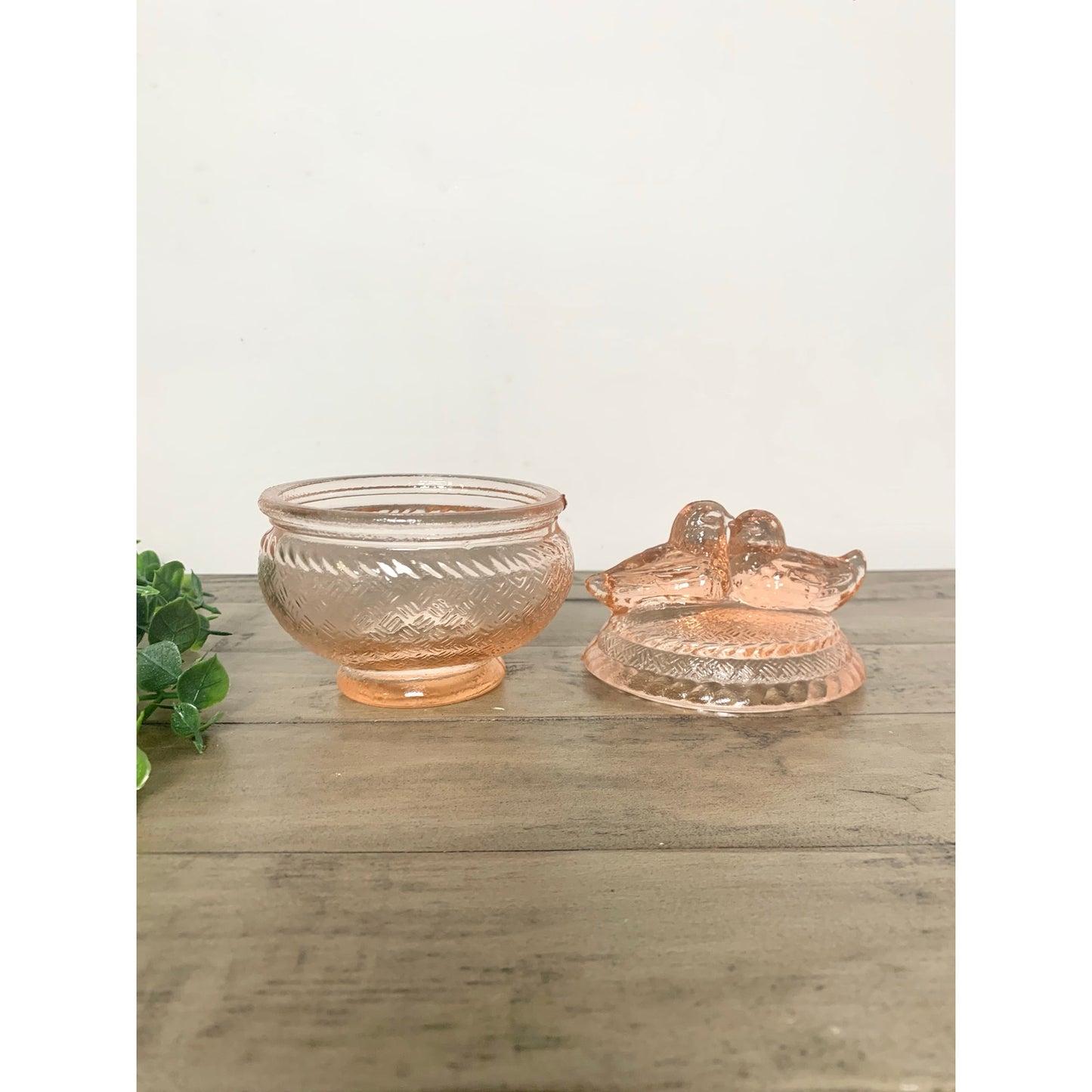 Vintage Pink Depression Glass Lovebirds Covered Candy Dish Romantic Glass Vanity Jar Trinket Box