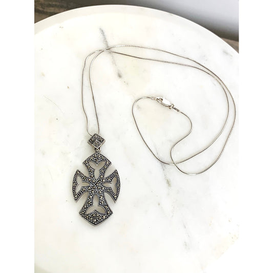 Vintage Sterling Silver 925 Pendant Necklace with Marcasite Cross Design Classic