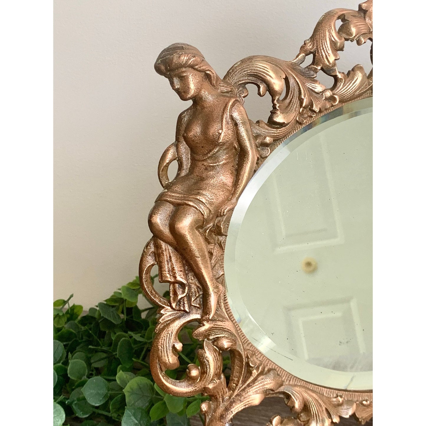 Vintage Art Nouveau Style Cast Iron Vanity Mirror with Kickstand Ornate Figural