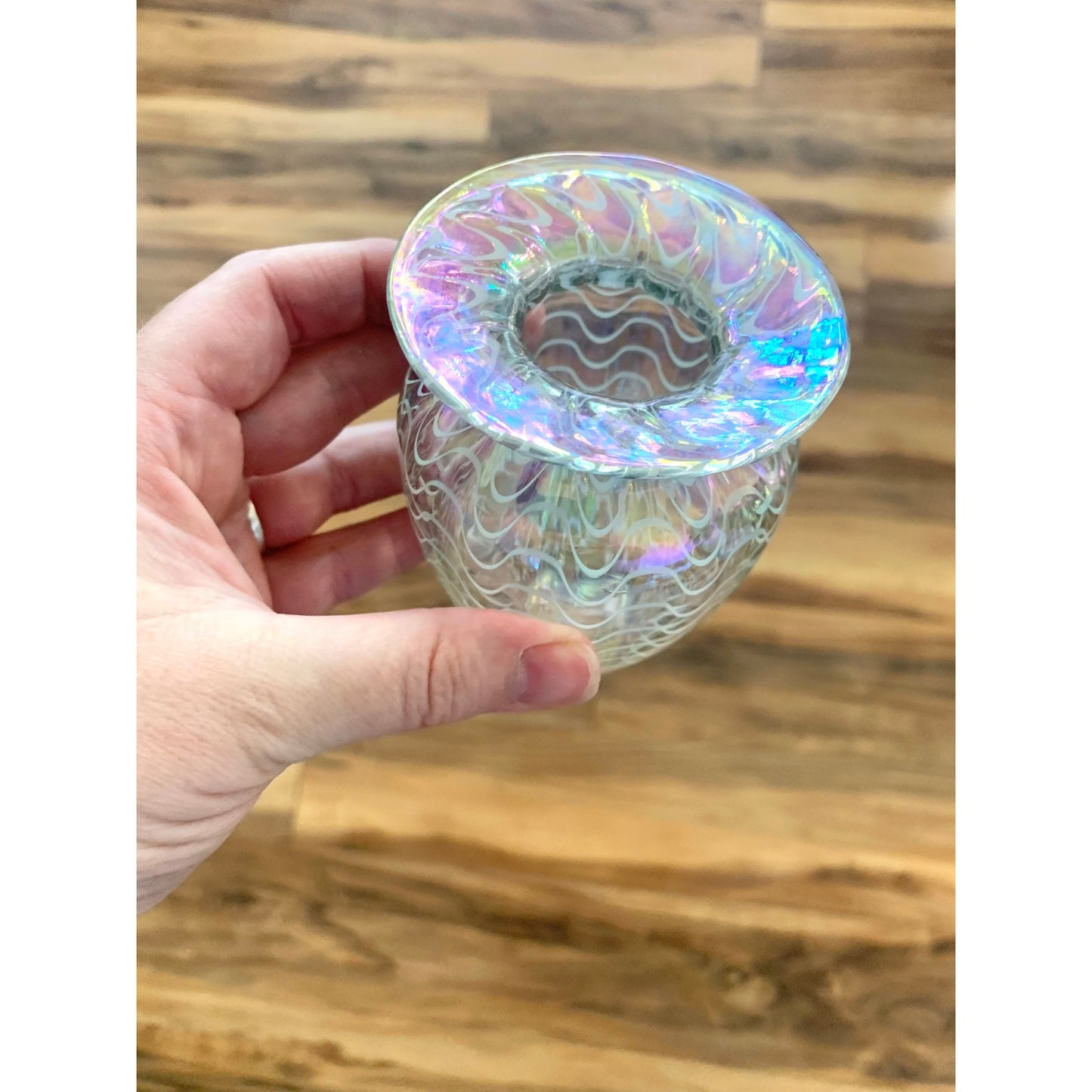 Vintage Glass Eye Studio Iridescent Art Glass Vase Handblown with Wavy Design