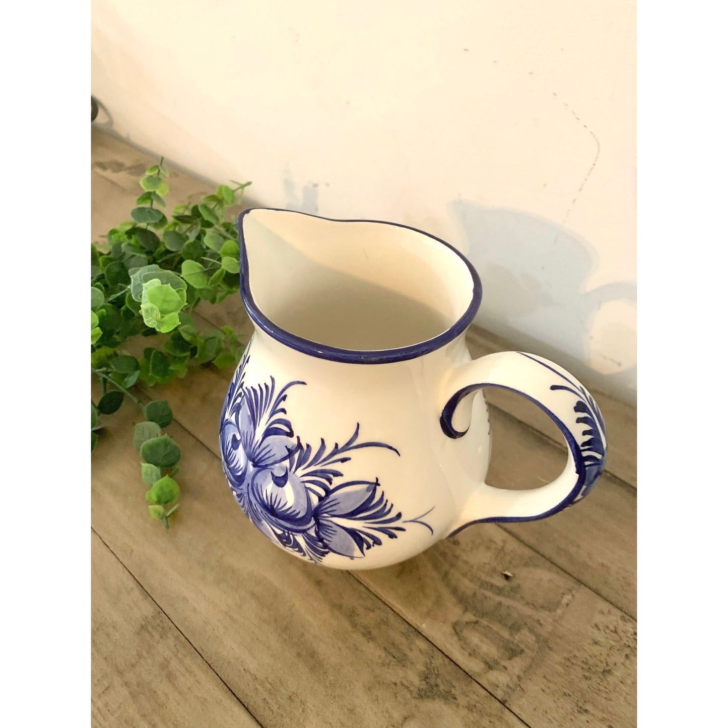 Vintage Blue & White Floral Pitcher Hand Painted Portugal Ceramic Vase Cottage