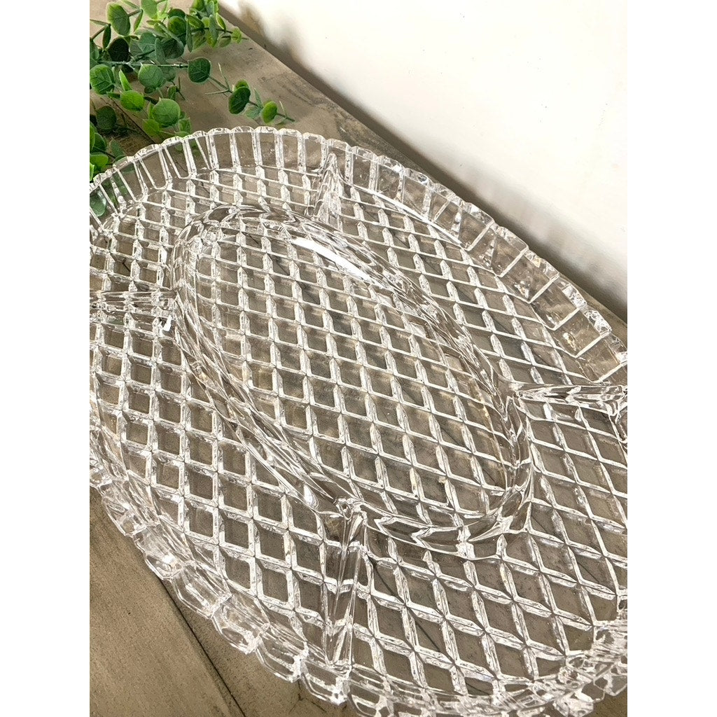 Vintage Clear Glass Divided Serving Platter Large 16.25” Oval Sectional Tray Thick Appetizers Relishes Charcuterie