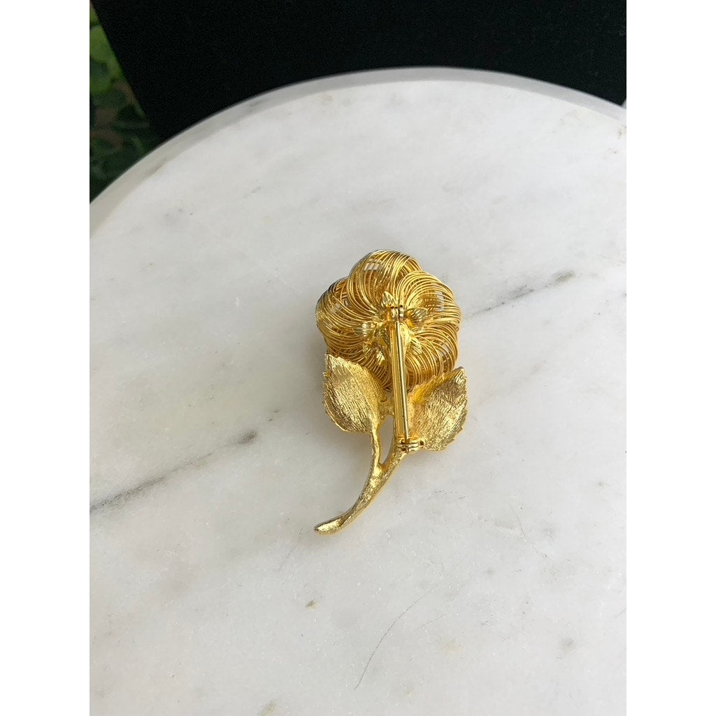 Vintage Goldtone Spun Wire Flower Brooch Faux Pearl Center Retro Statement Pin