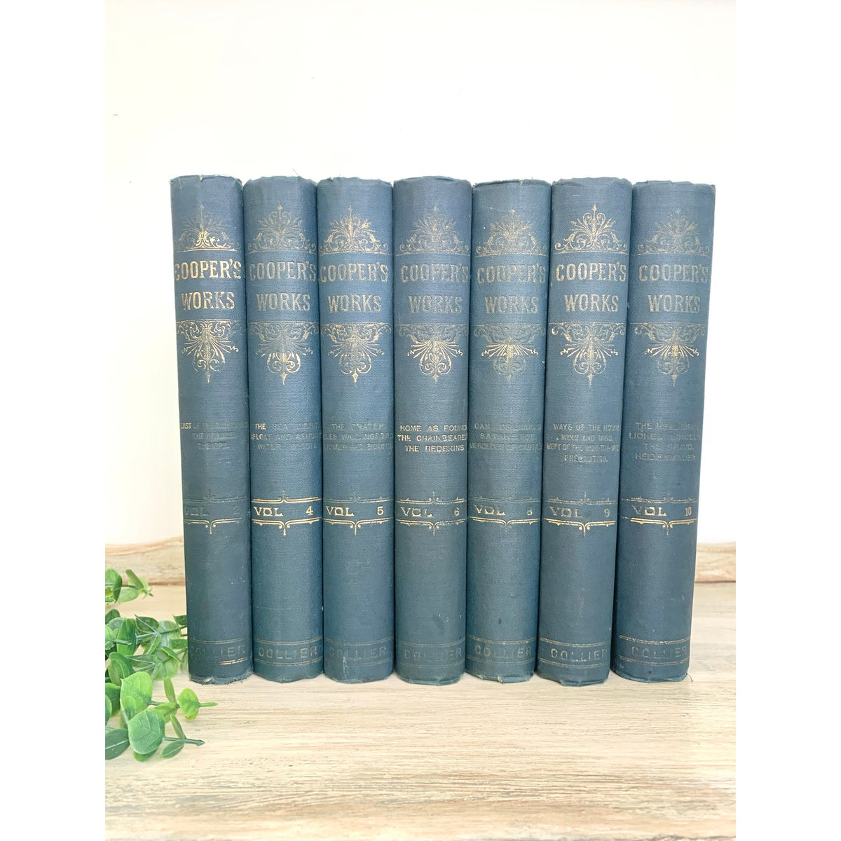 Antique 1891 James Fenimore Cooper Works Seven Volume Blue Gilt Book Set