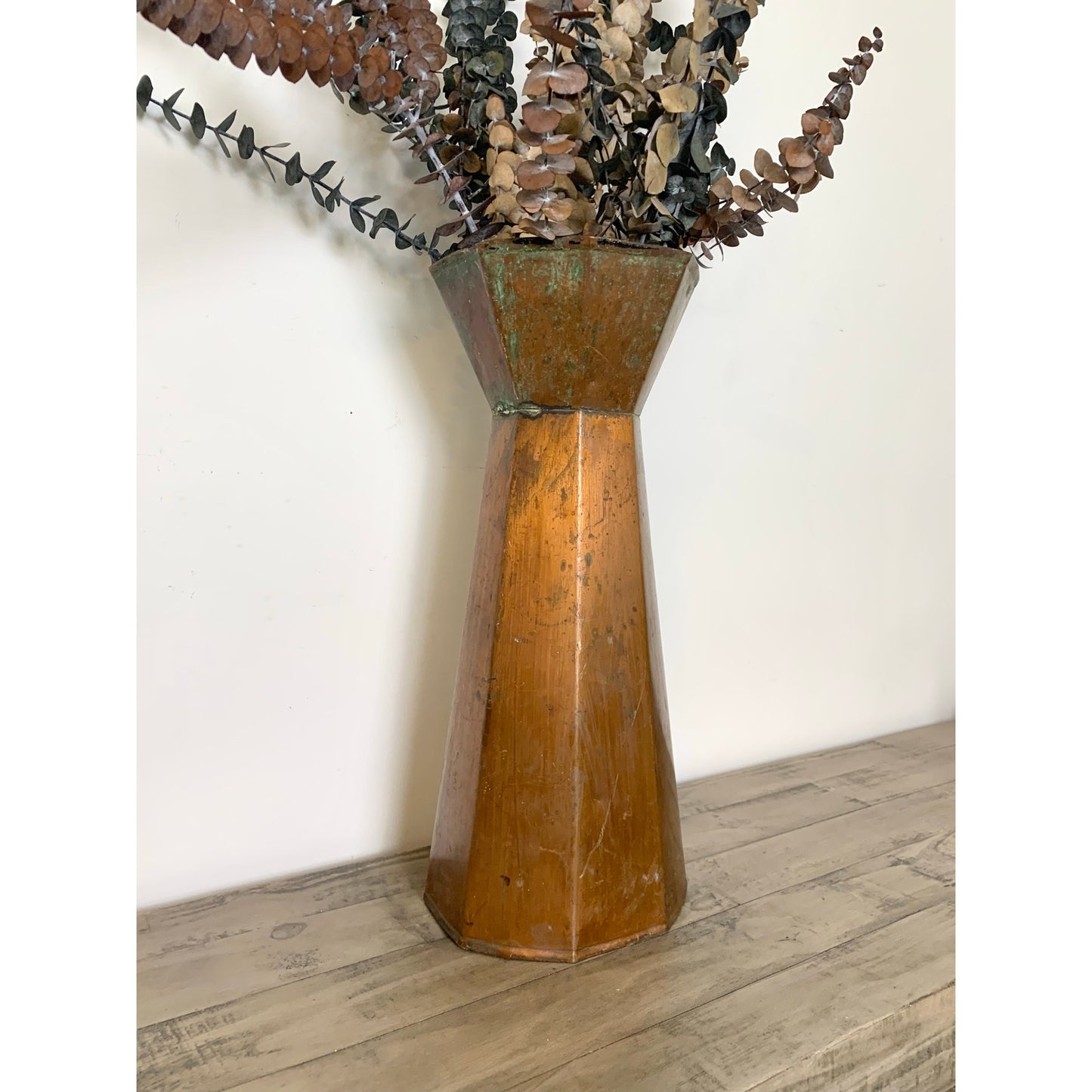 Vintage Copper Vase with Natural Verdigris Patina Large Statement Vessel Rustic