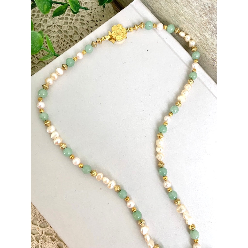 Vintage Jade Butterfly Pendant Necklace Pearl Beaded Green Stone Statement