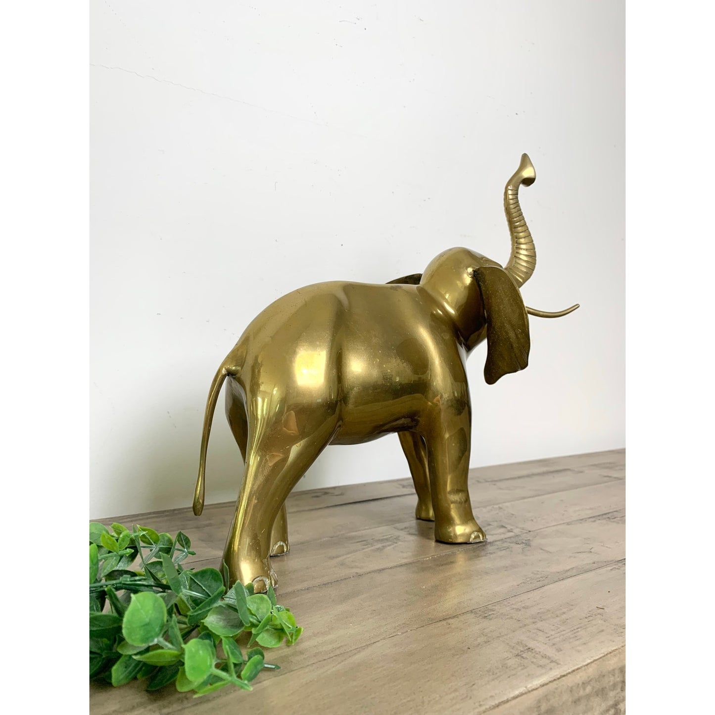 Vintage Solid Brass Elephant Statue with Raised Trunk Mid Century Animal Figure
