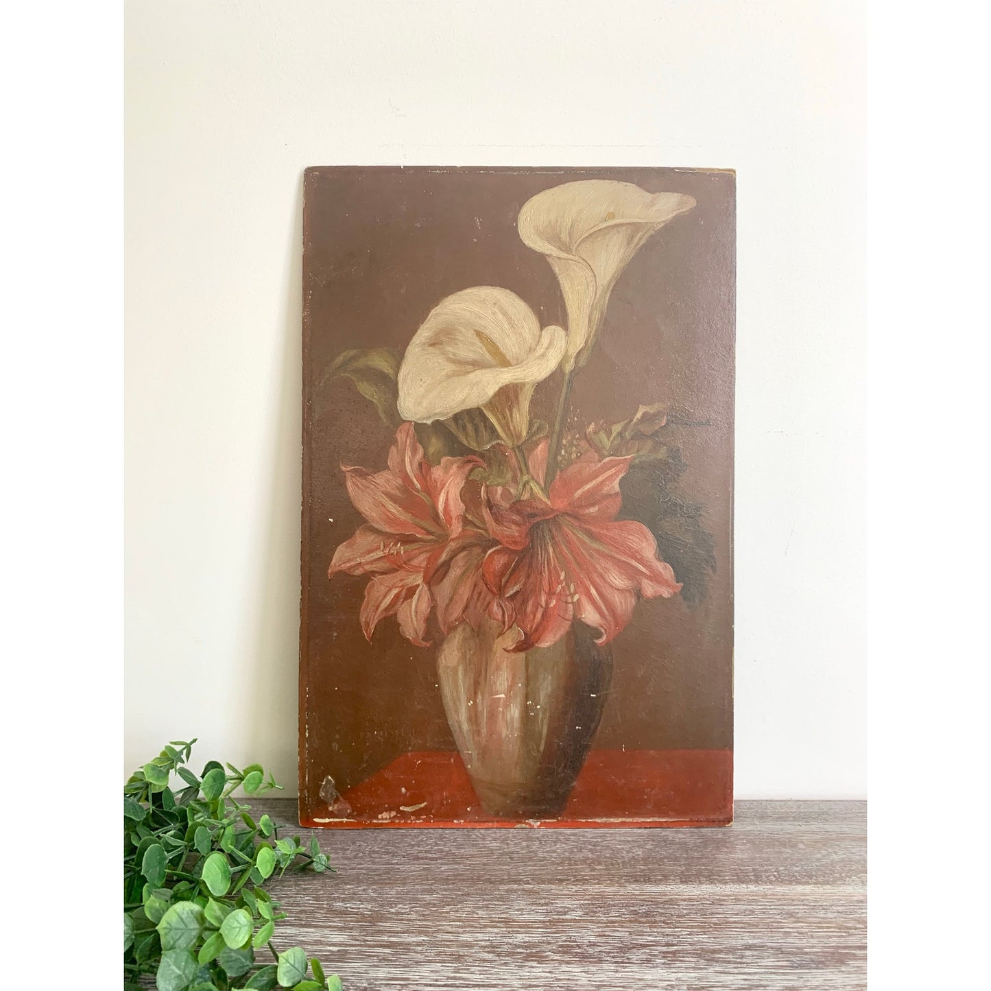 Antique Floral Still Life Oil Painting on Board – Red White Lilies 18” x 11.9” Vintage Art Romantic