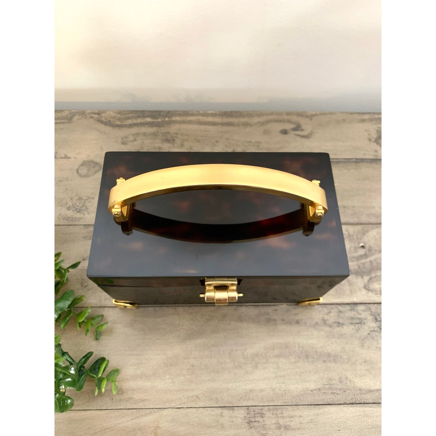 Vintage Saks Fifth Avenue Faux Tortoiseshell Lucite Box Brass Jewelry Storage