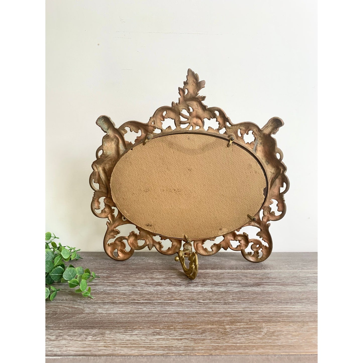 Vintage Art Nouveau Style Cast Iron Vanity Mirror with Kickstand Ornate Figural