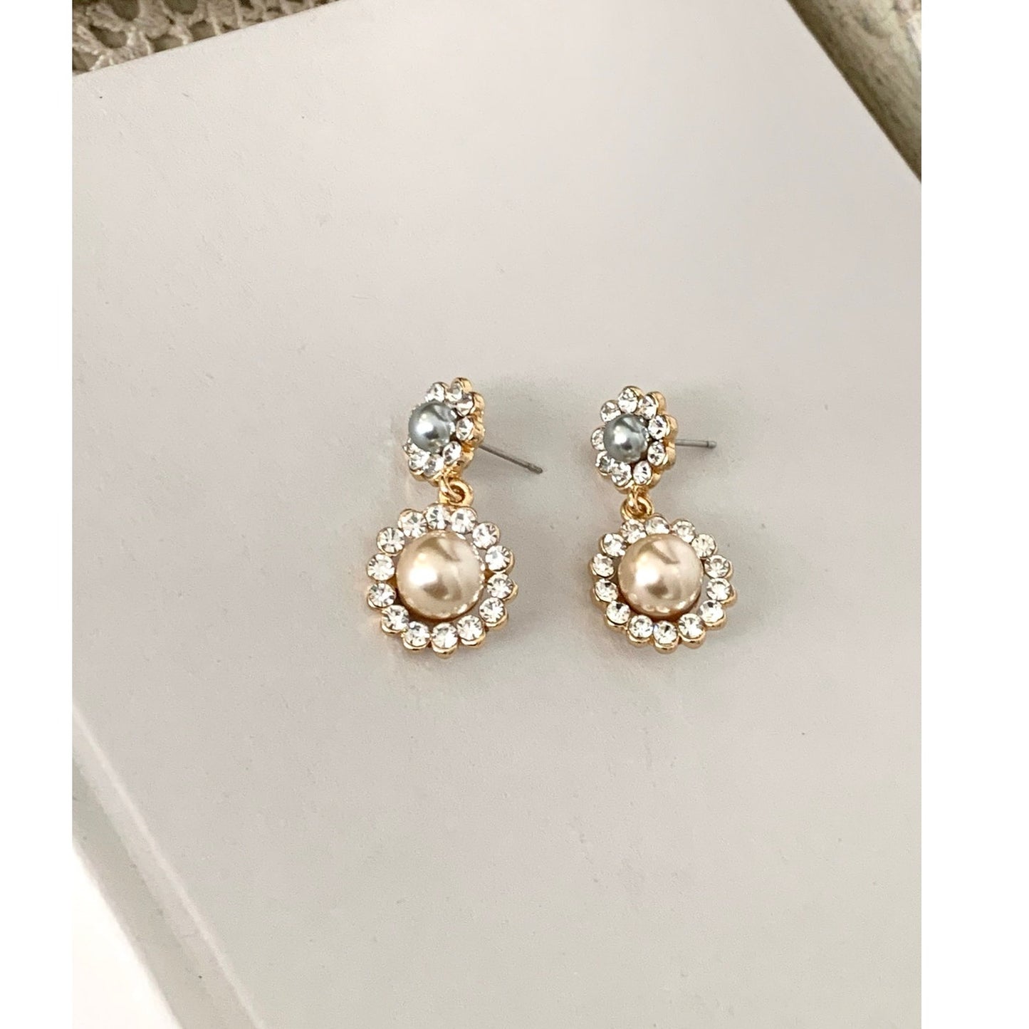 Statement Faux Pearl & Rhinestone Halo Post Back Drop Earrings Romantic Feminine