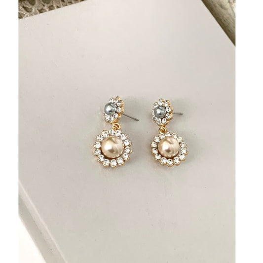 Statement Faux Pearl & Rhinestone Halo Post Back Drop Earrings Romantic Feminine