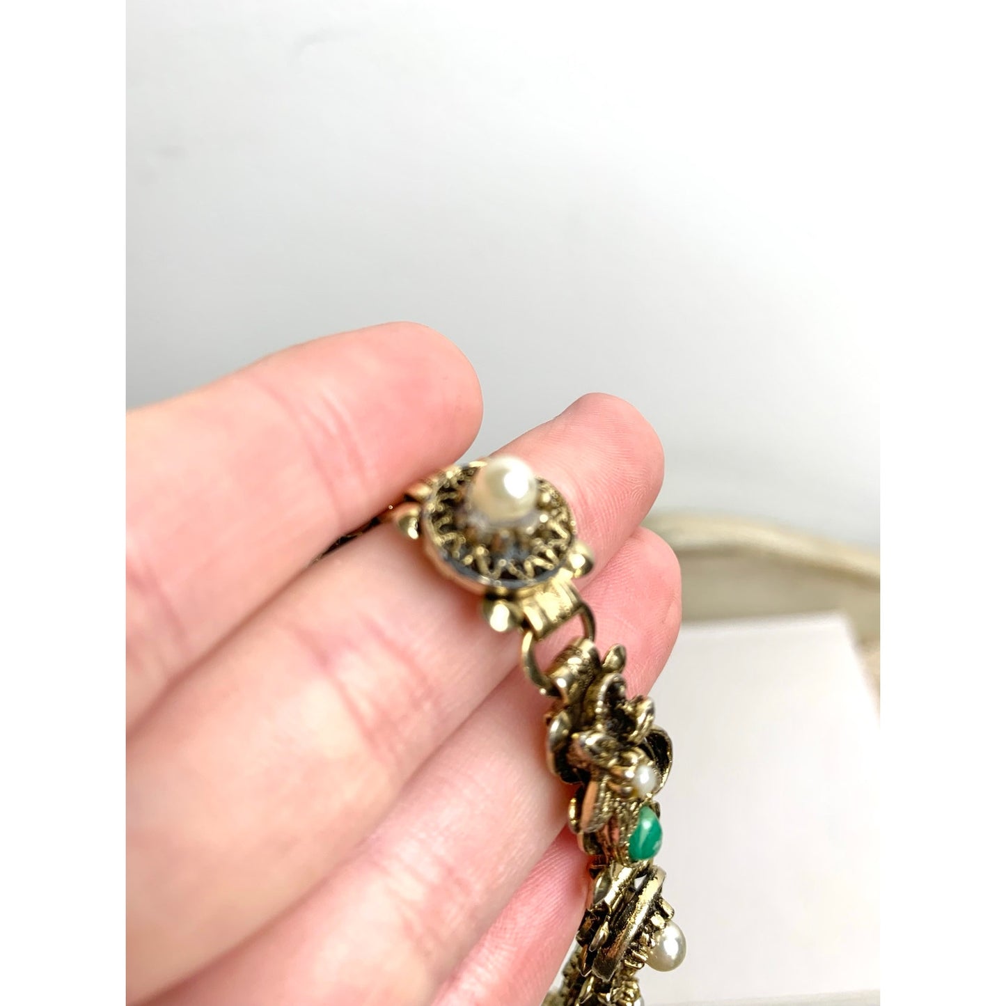 Vintage Victorian Revival Bracelet Goldtone Floral Link Faux Pearl Green Cabochon