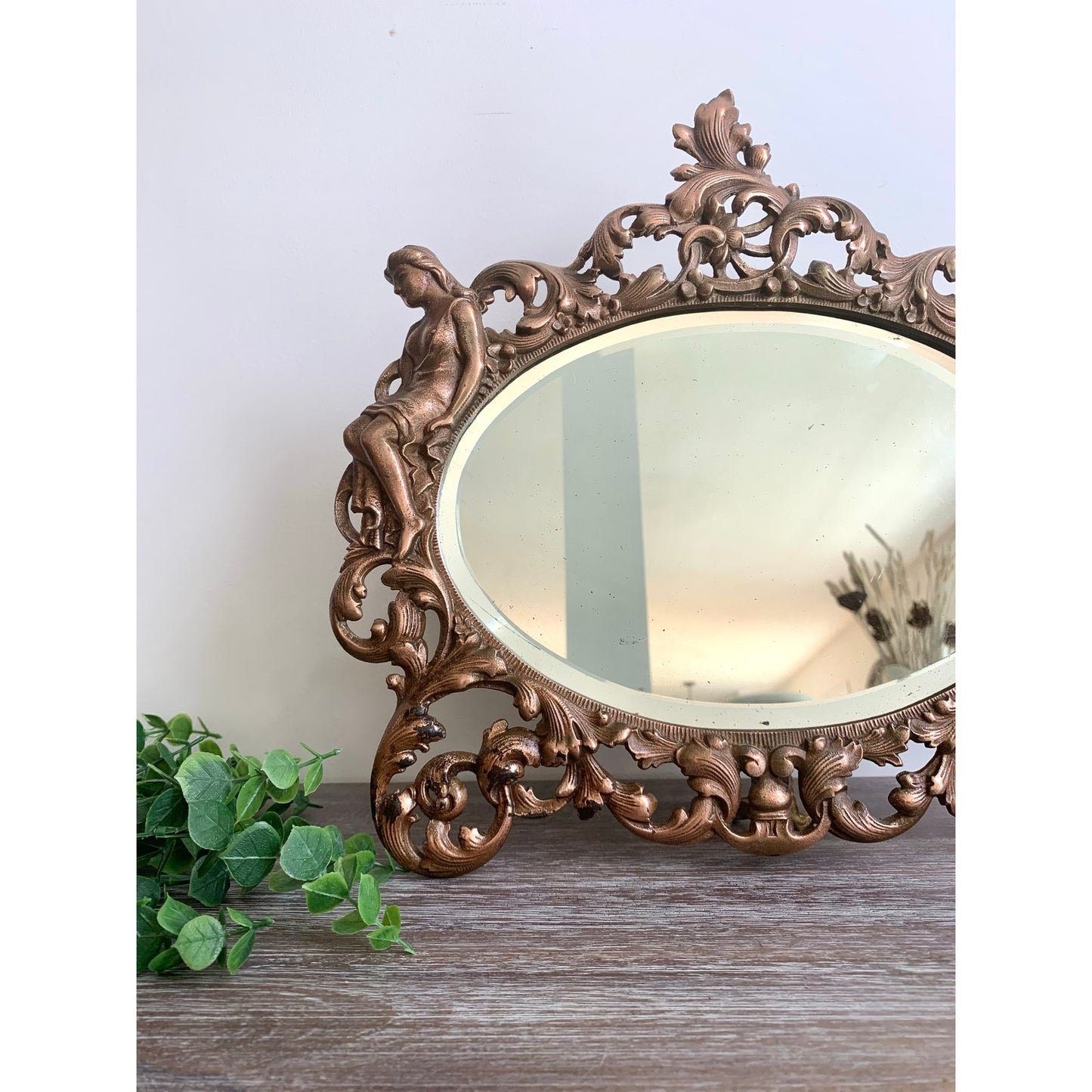 Vintage Art Nouveau Style Cast Iron Vanity Mirror with Kickstand Ornate Figural